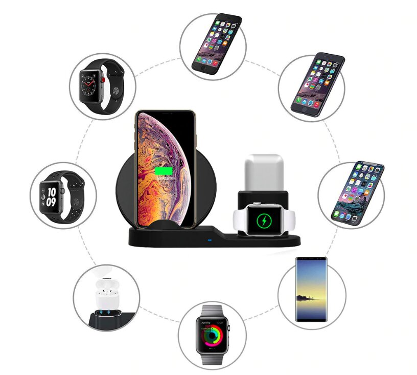 Беспроводная зарядная станция 3 в 1 для Airpods iPhone Apple Watch Черный (3)
