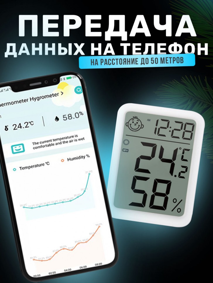 Термометр гигрометр комнатный с часами, синхронизация с телефоном
