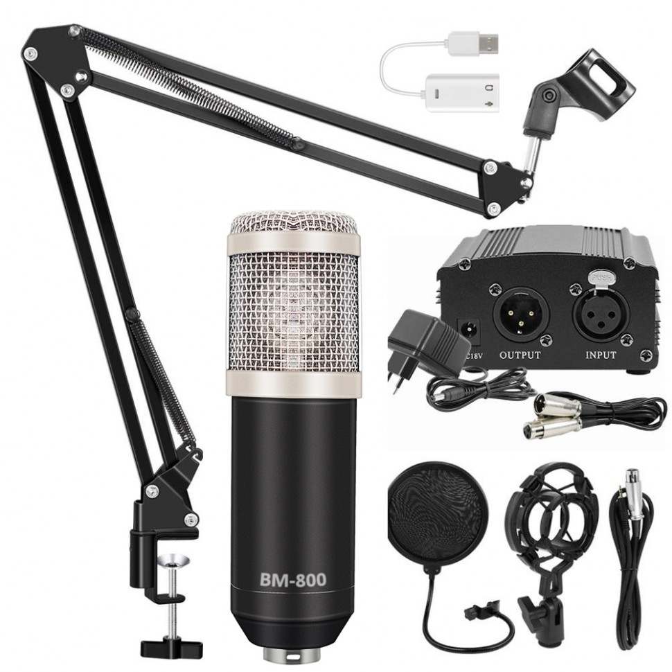 Комплект: конденсаторный микрофон BM800 (черный/серебро), фантомное питание, кабель XLR, подставка