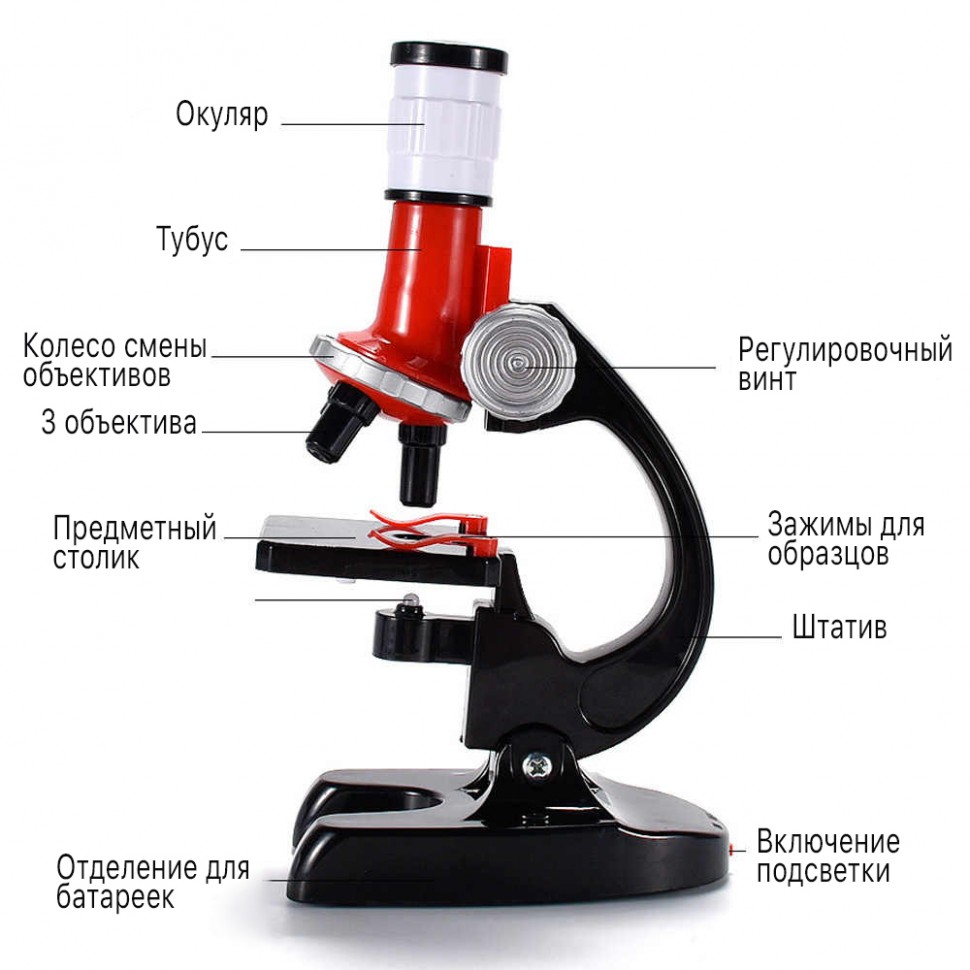 Микроскоп ученический с тремя объективами 100х, 400х, 1200х
