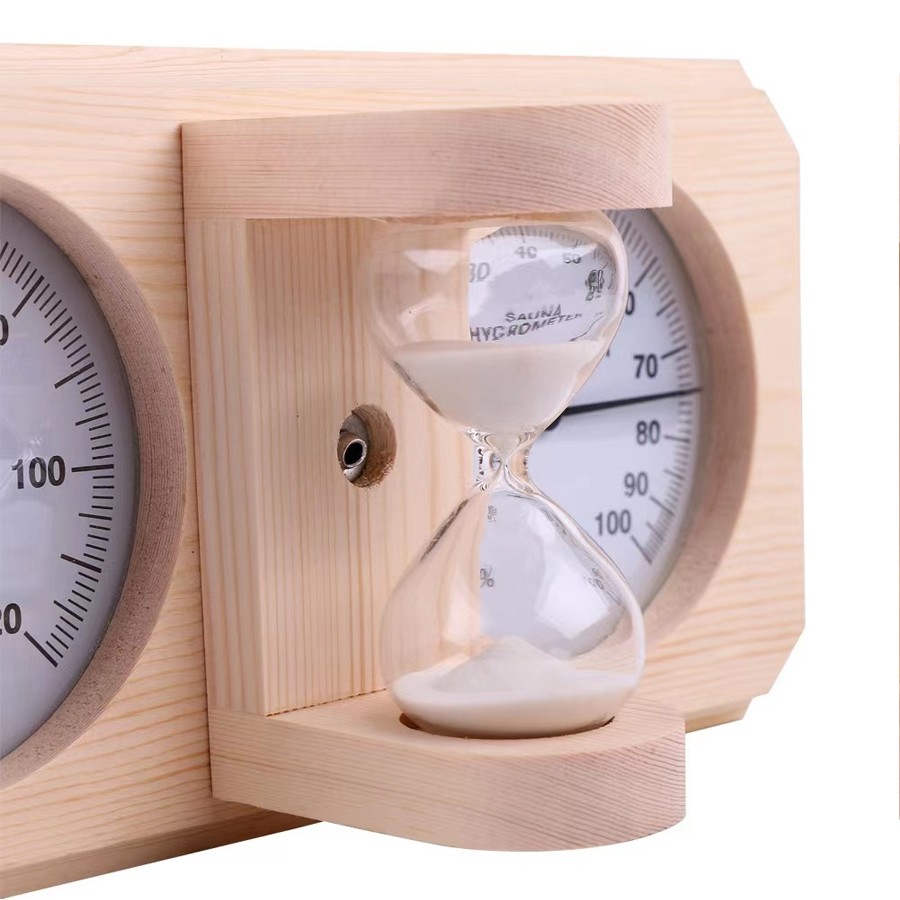 Термометр-гигрометр для сауны и бани, с песочными часами, из сосны