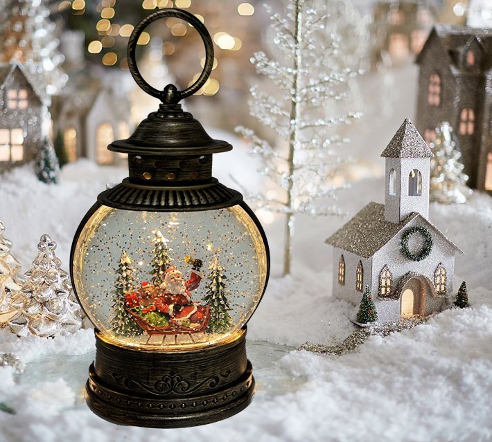 Новогодний фонарик - снежный шар Снеговик наряжает елку 25 см, LED подсветка, на батарейках фото